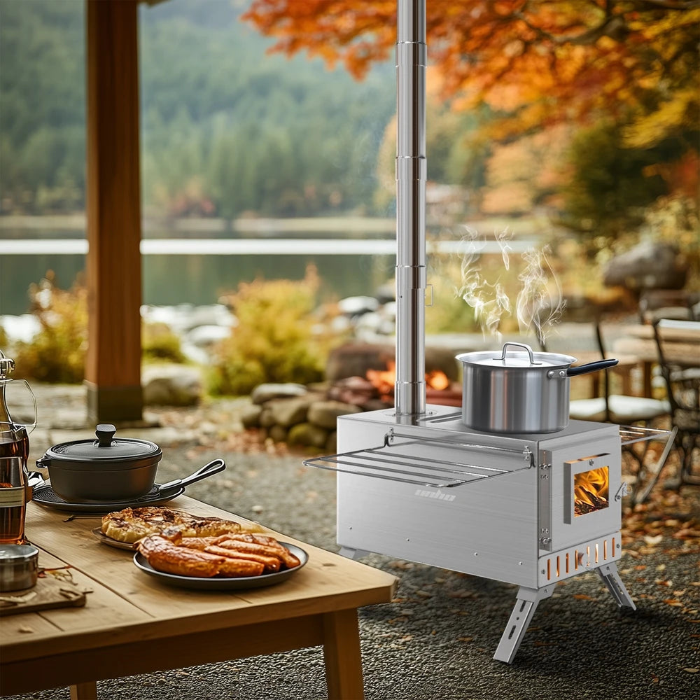 Portable Stainless Steel Wood Burning Stove With 7 Chimney Pipes