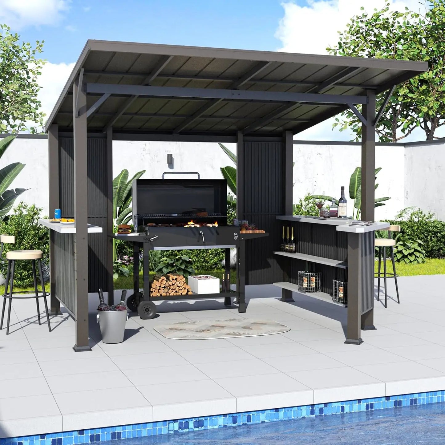 Grill Gazebo With Galvanized Steel Canopy Storage Shelves Privacy Screen