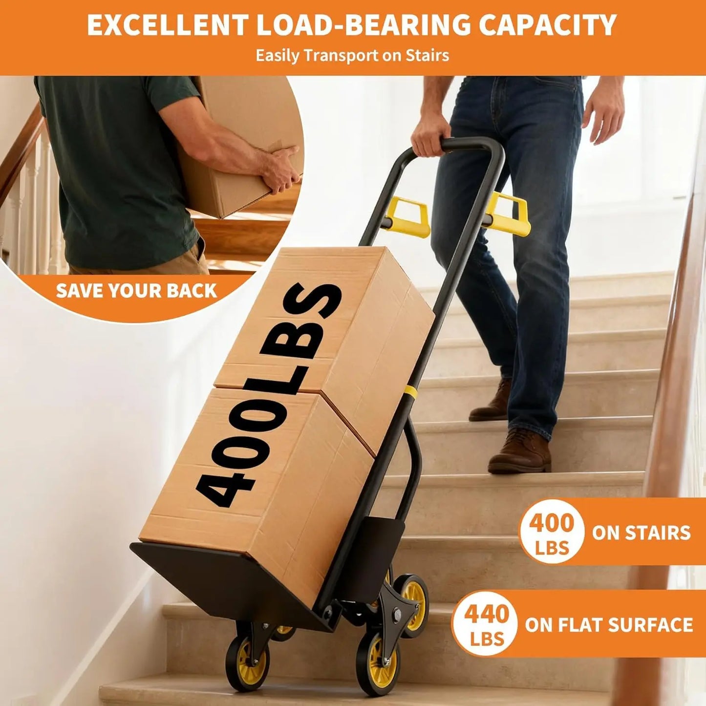Heavy-Duty Stair Climbing Dolly 440Lb Capacity With Six Non-Slip Wheels