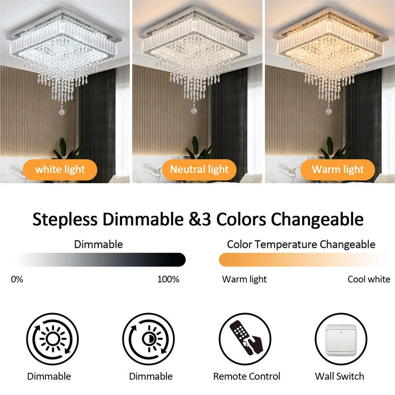 GreeLustr Modern Minimalist Dimmable LED Crystal Chandelier With Remote