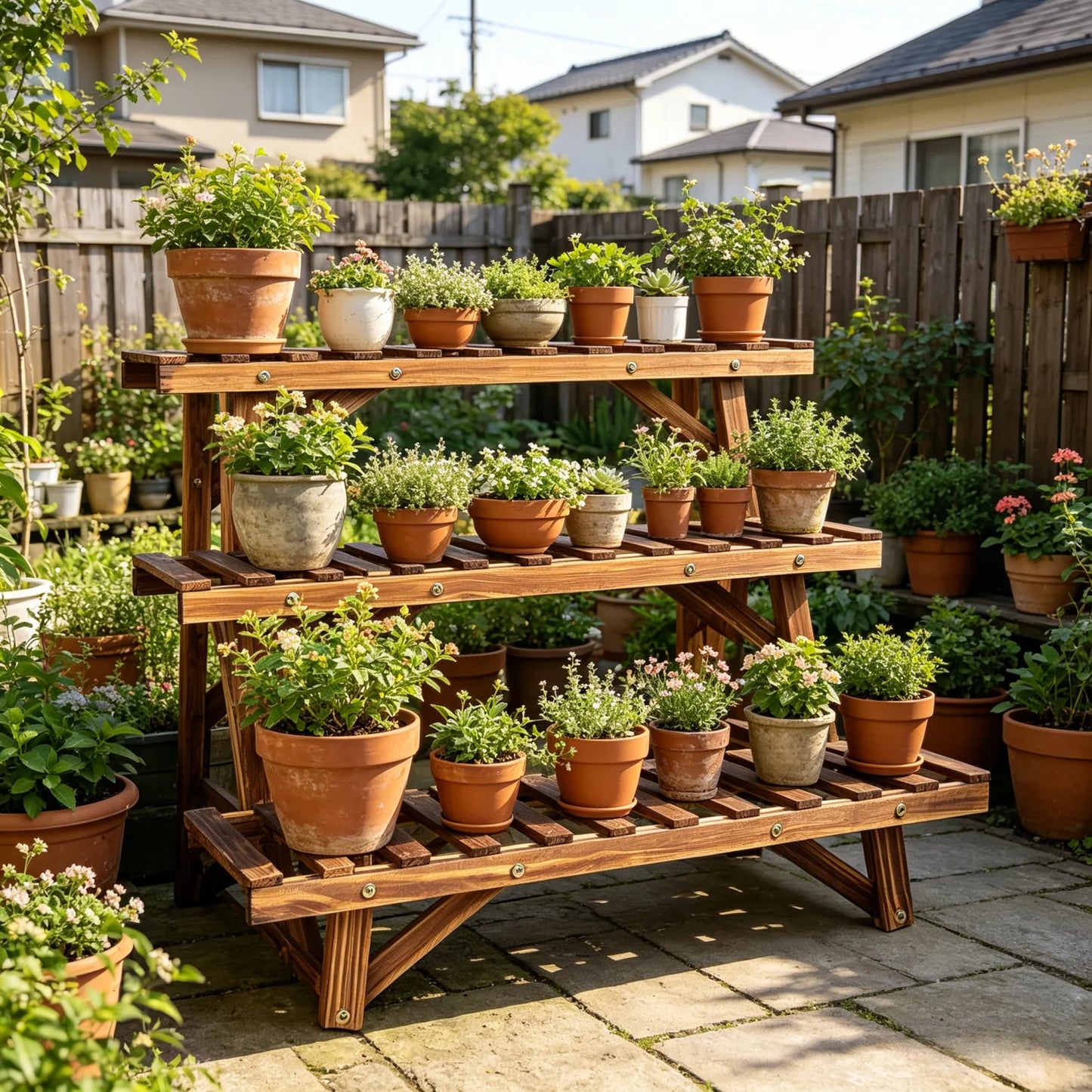 Three Tier Wood Ladder Shelf Plant Stand For Garden Balcony