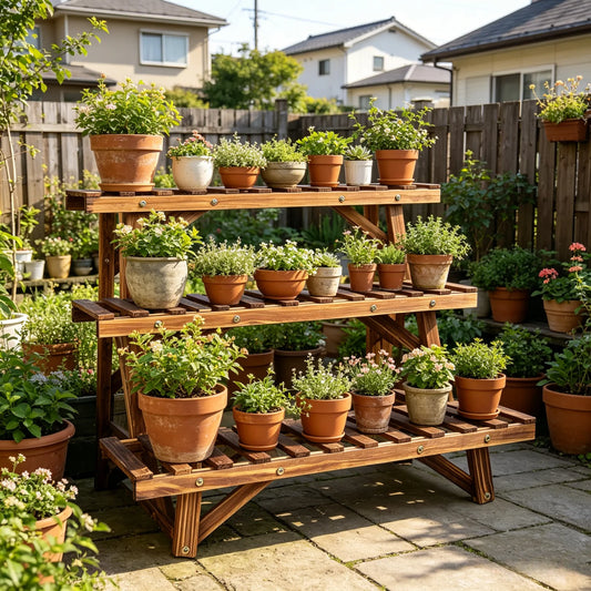 Three Tier Wood Ladder Shelf Plant Stand For Garden Balcony