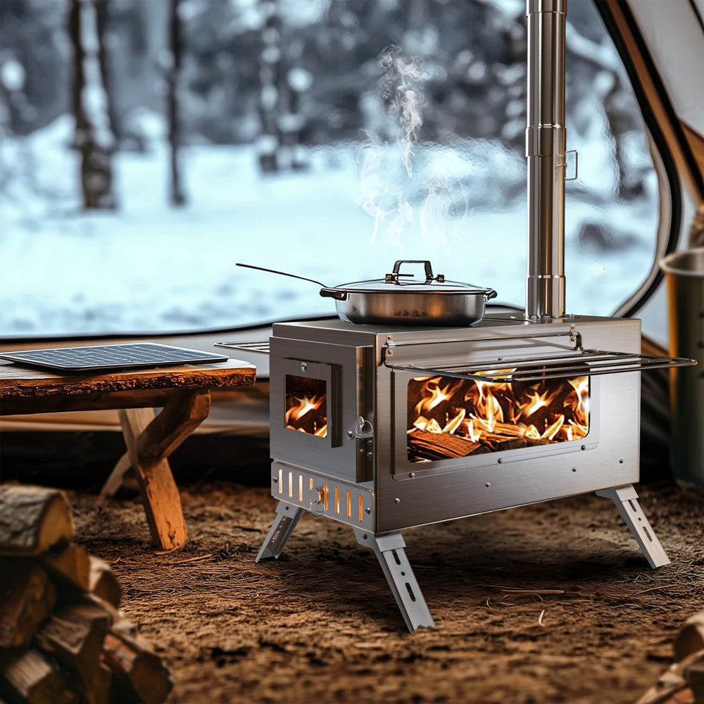 Portable Stainless Steel Wood Burning Stove With 7 Chimney Pipes