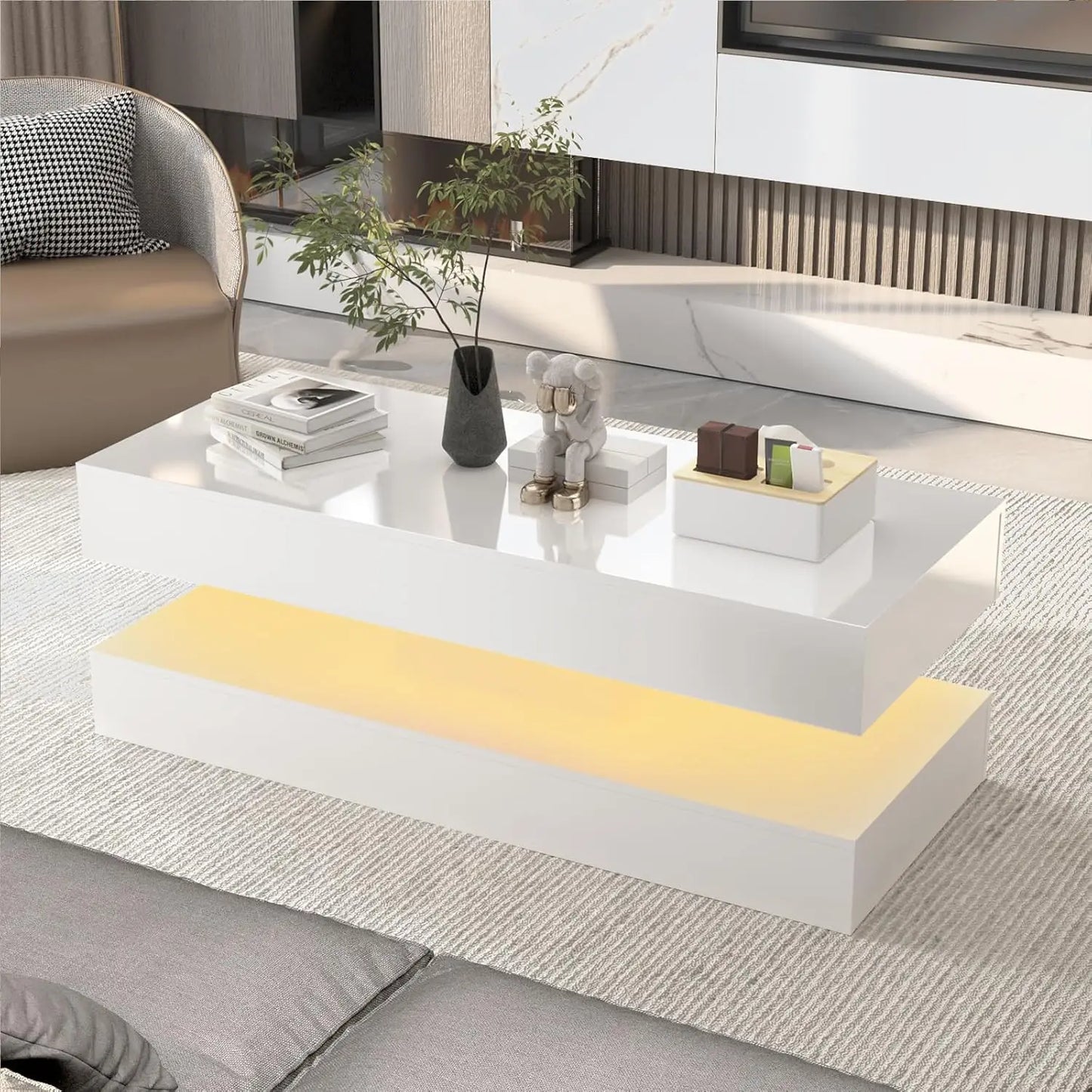 QiaoShiRen Modern LED Coffee Table With Two Storage Drawers