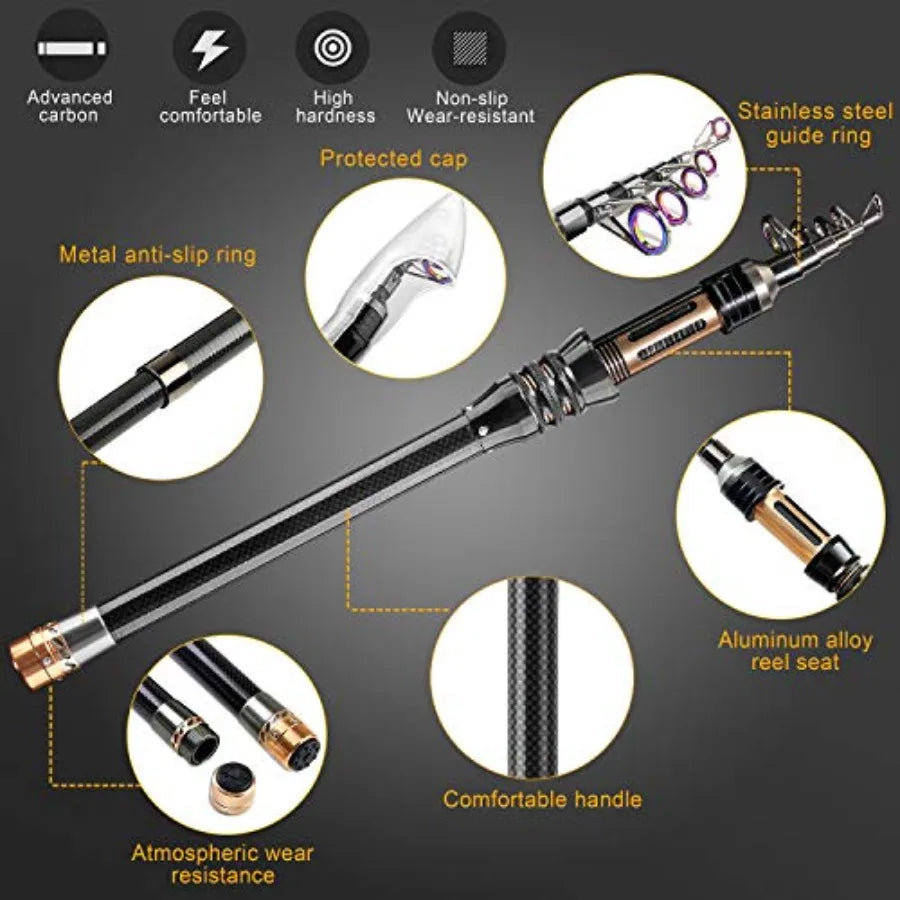 Carbon Fiber Telescopic Fishing Rod Kit With Spinning Reel Line And Lures