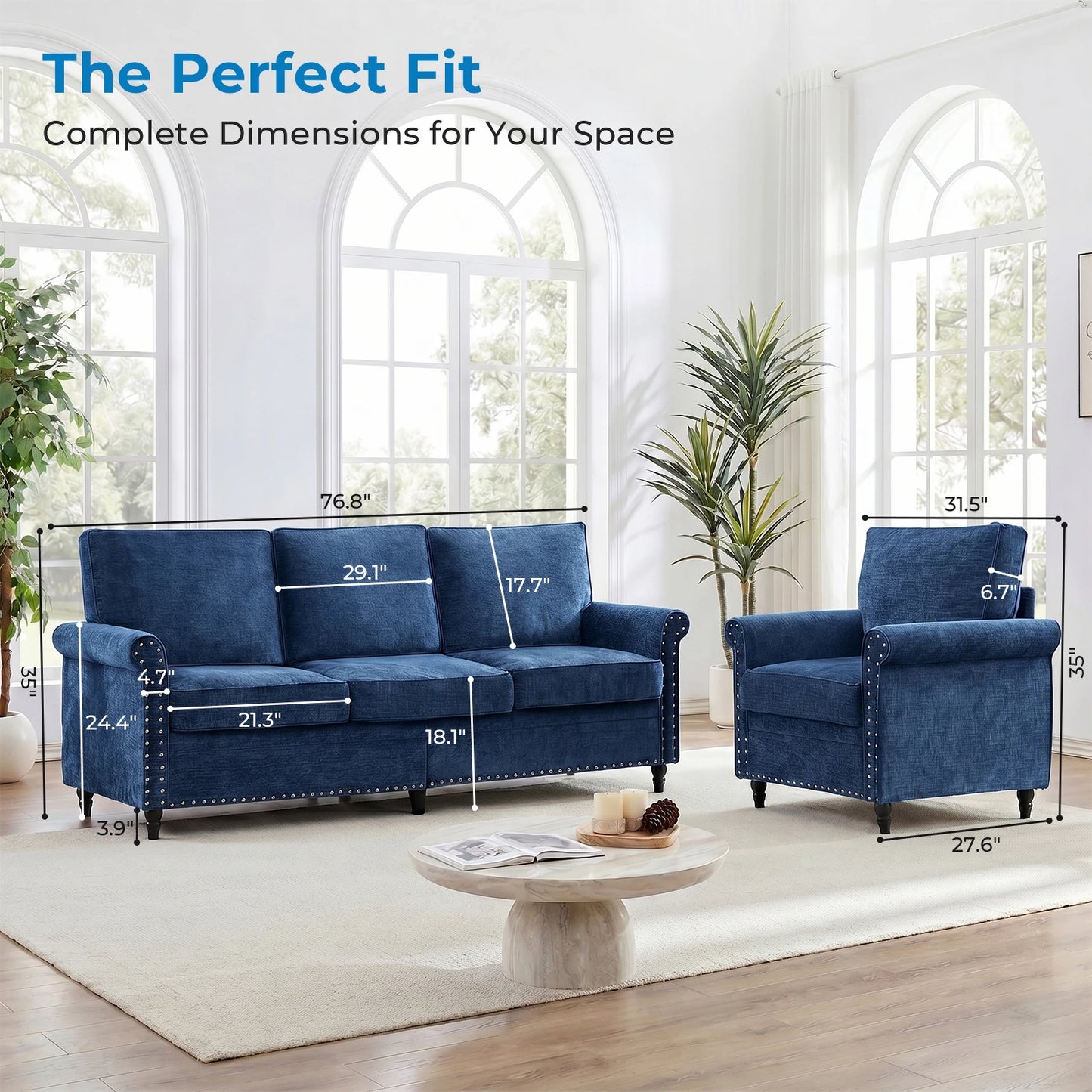 PUREMIND Modern 2pc Chenille Sofa Set With Wood Frame And Gourd Legs