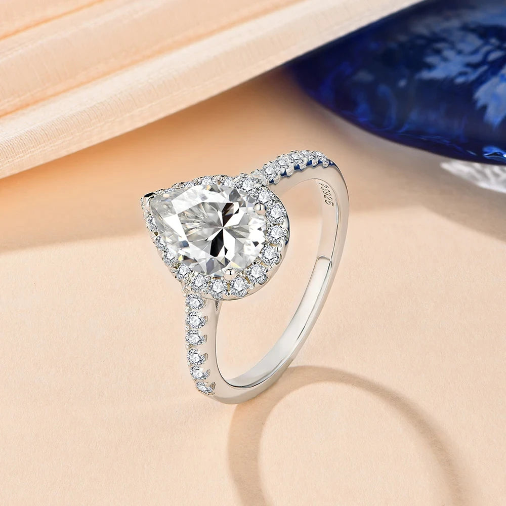 Minty Box Pear Cut Moissanite Halo Ring 18K Gold Plated Engagement