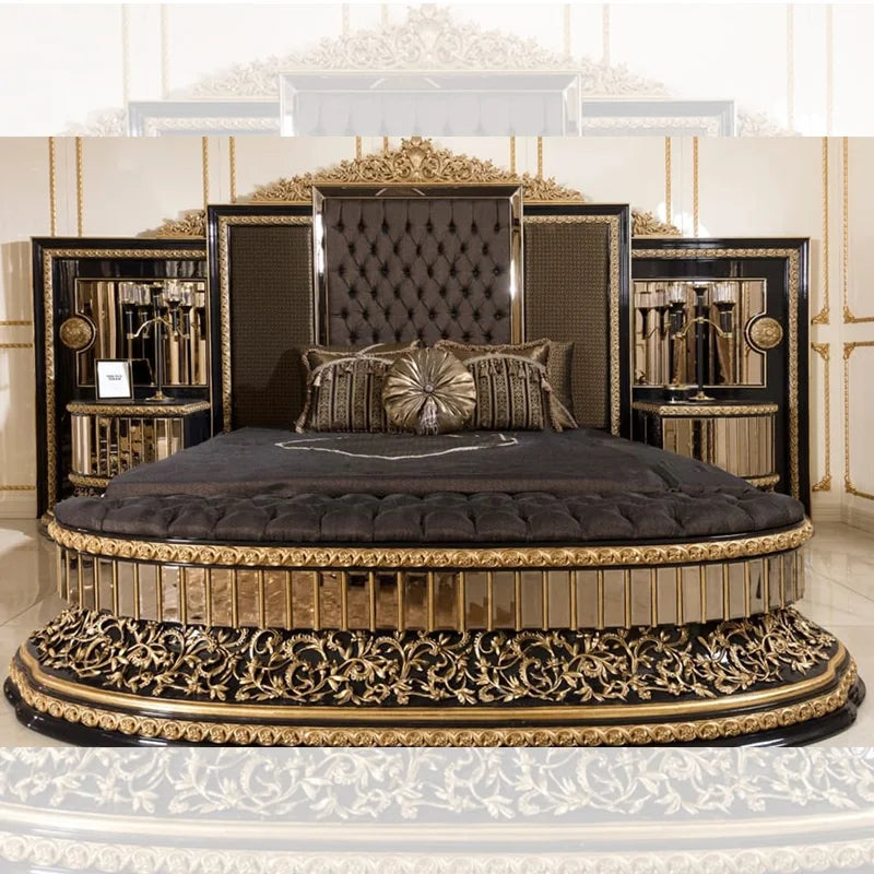 Luxury Solid Hardwood Wood Carving Bed Frame Turkish Classic Design