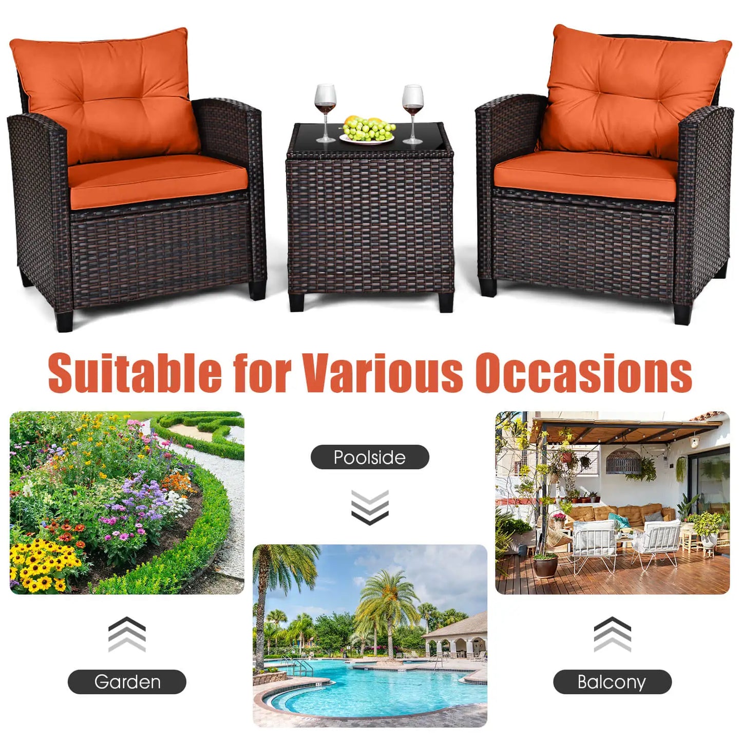 HOMASIS 3-Piece Patio Rattan Cushioned Conversation Set