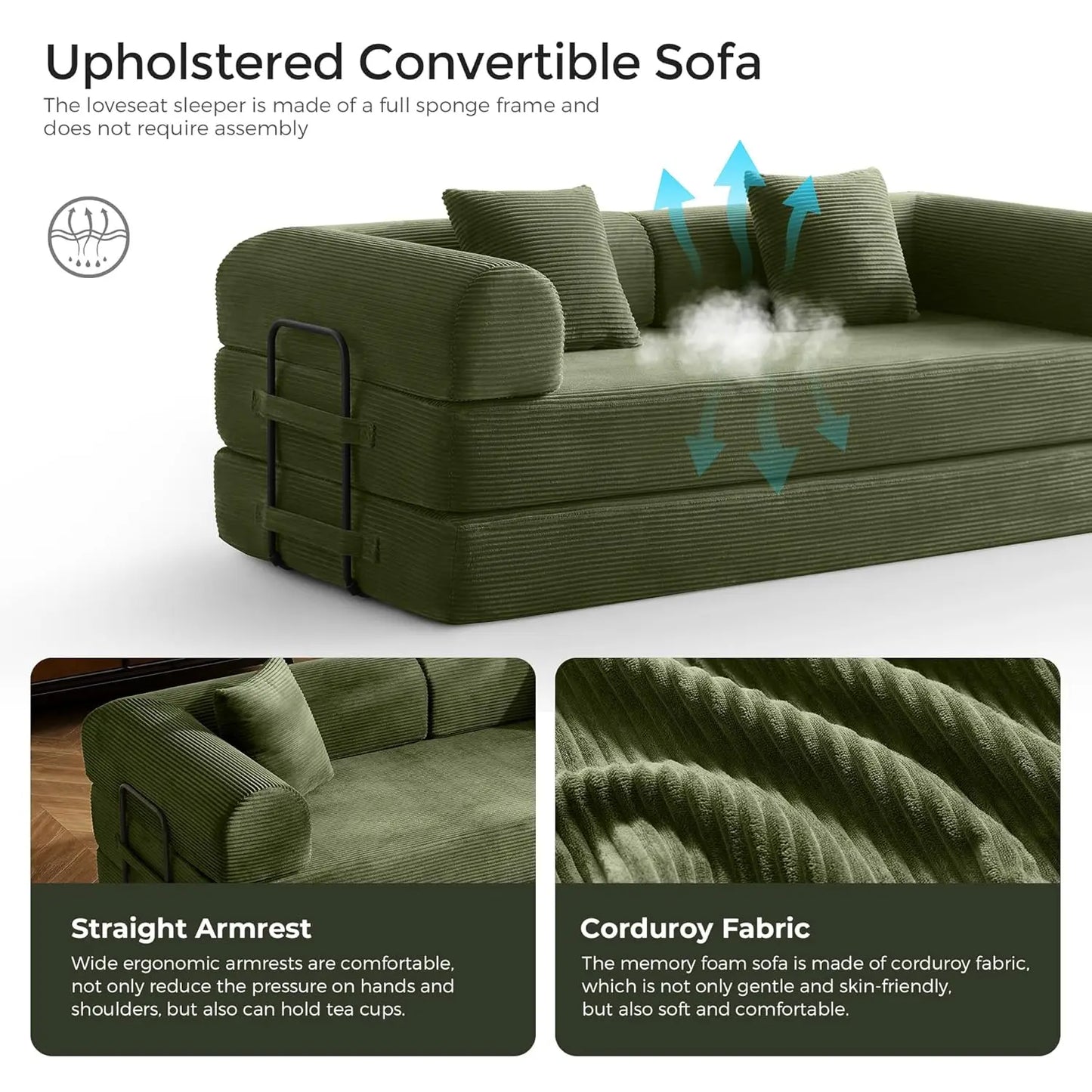 Corduroy Convertible Sofa Bed With Fixed Frame And Removable Armrests