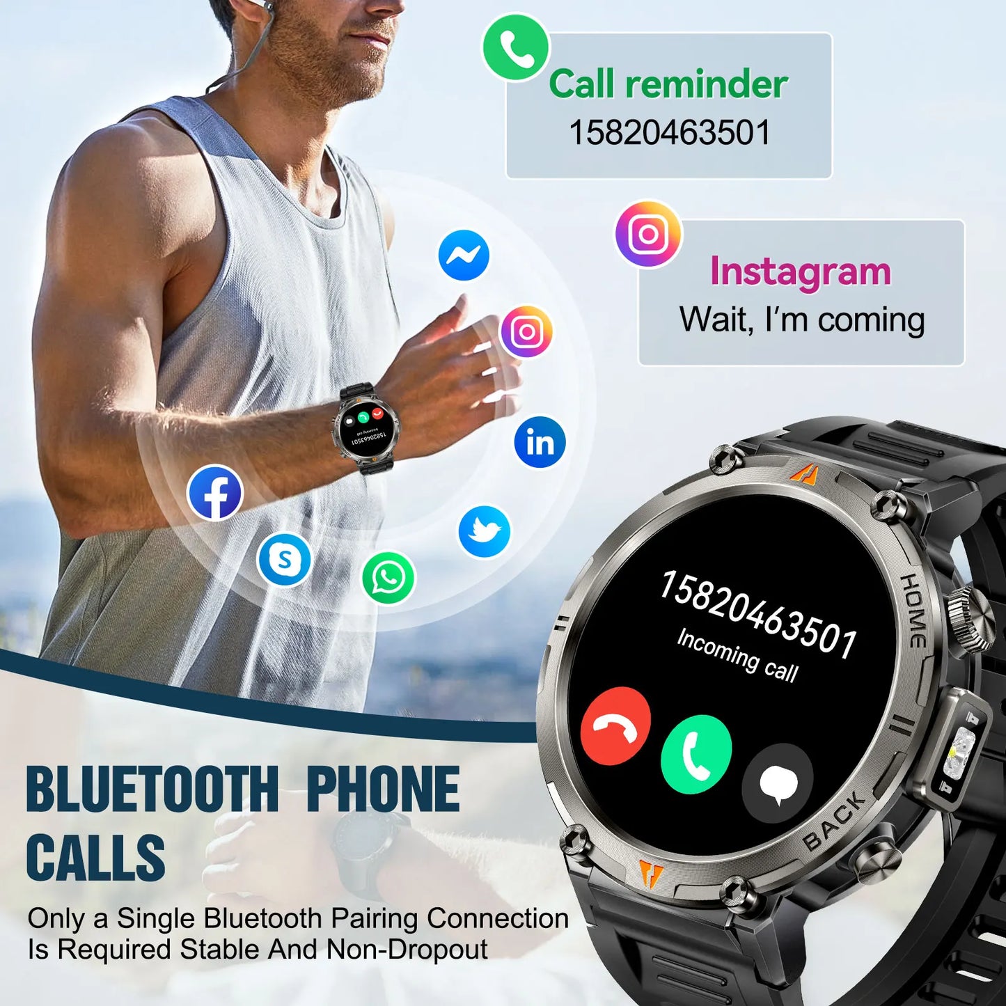 EIGIIS KE3 Smart Watch 3ATM Waterproof Health Monitor with Bluetooth