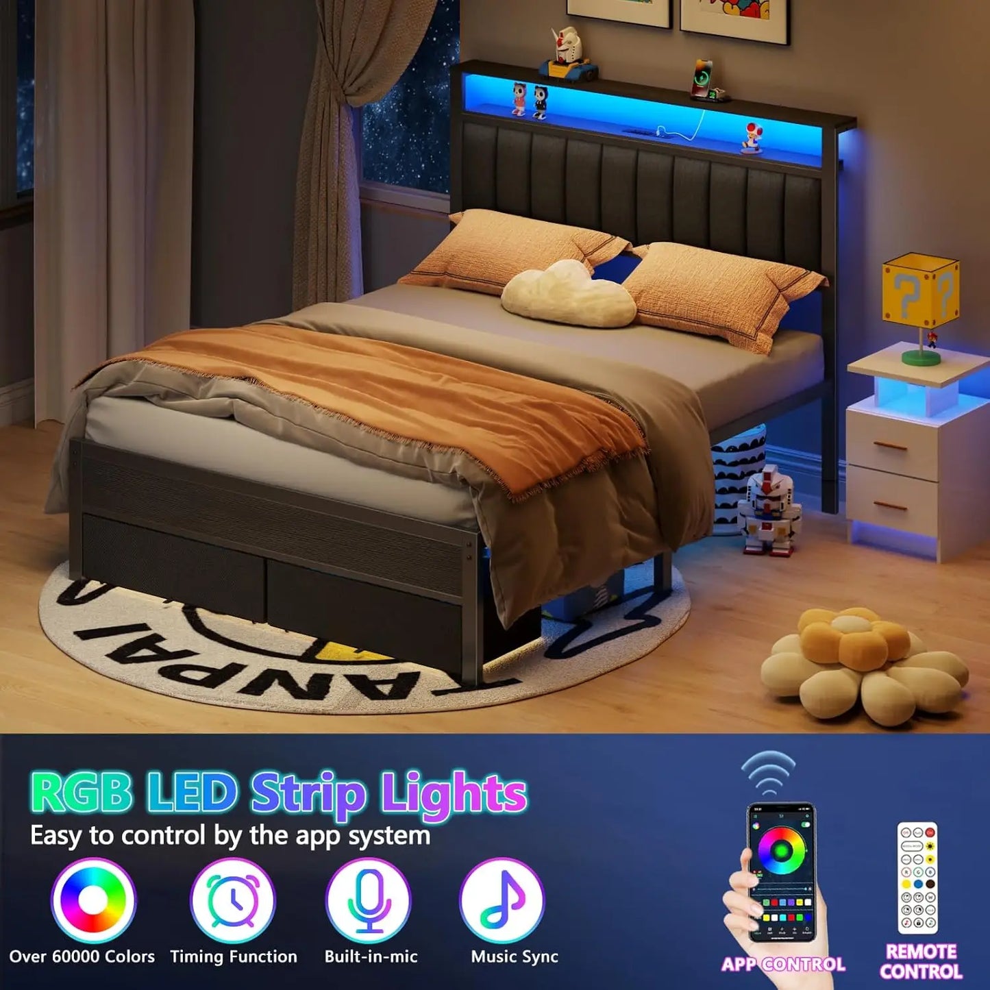 Bed Frame Charging Station And LED Lights, Upholstered Headboard Platform Bed