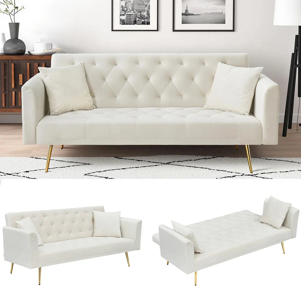 Velvet Convertible Futon Sofa Bed With Gold Metal Legs And 3 Position Backrest