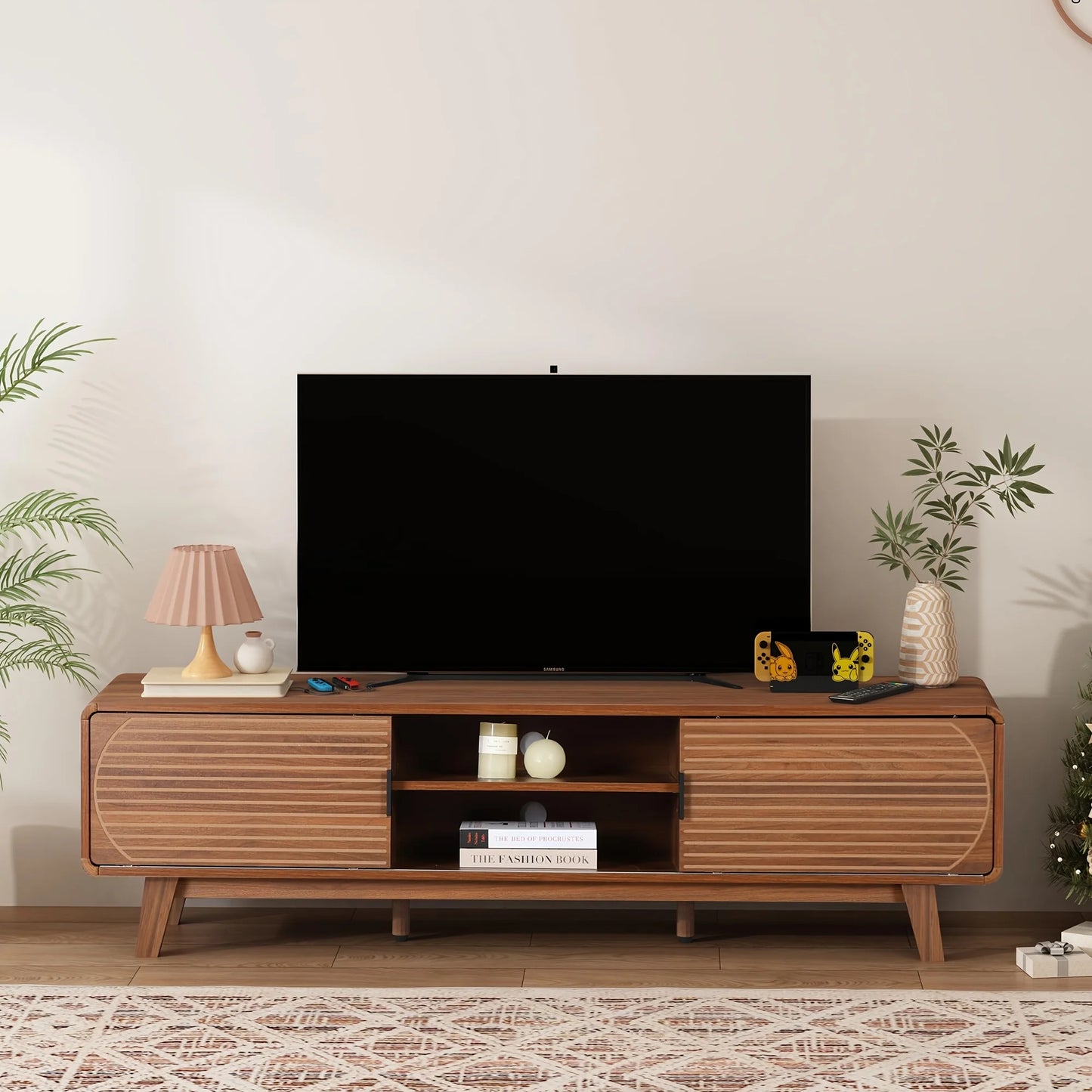 Mid Century Modern TV Stand With Fluted Sliding Door