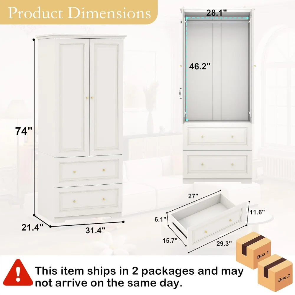 Engineered Wood Wardrobe Armoire With Two Doors And Drawers
