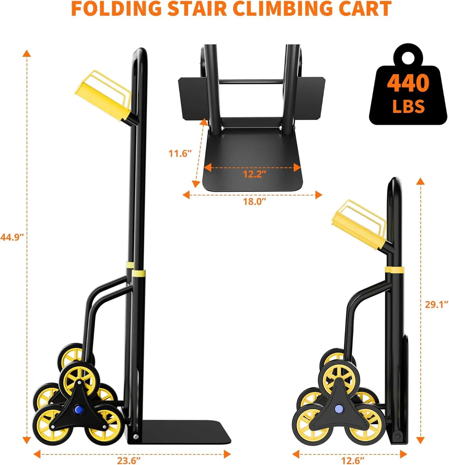 Heavy-Duty Stair Climbing Dolly 440Lb Capacity With Six Non-Slip Wheels