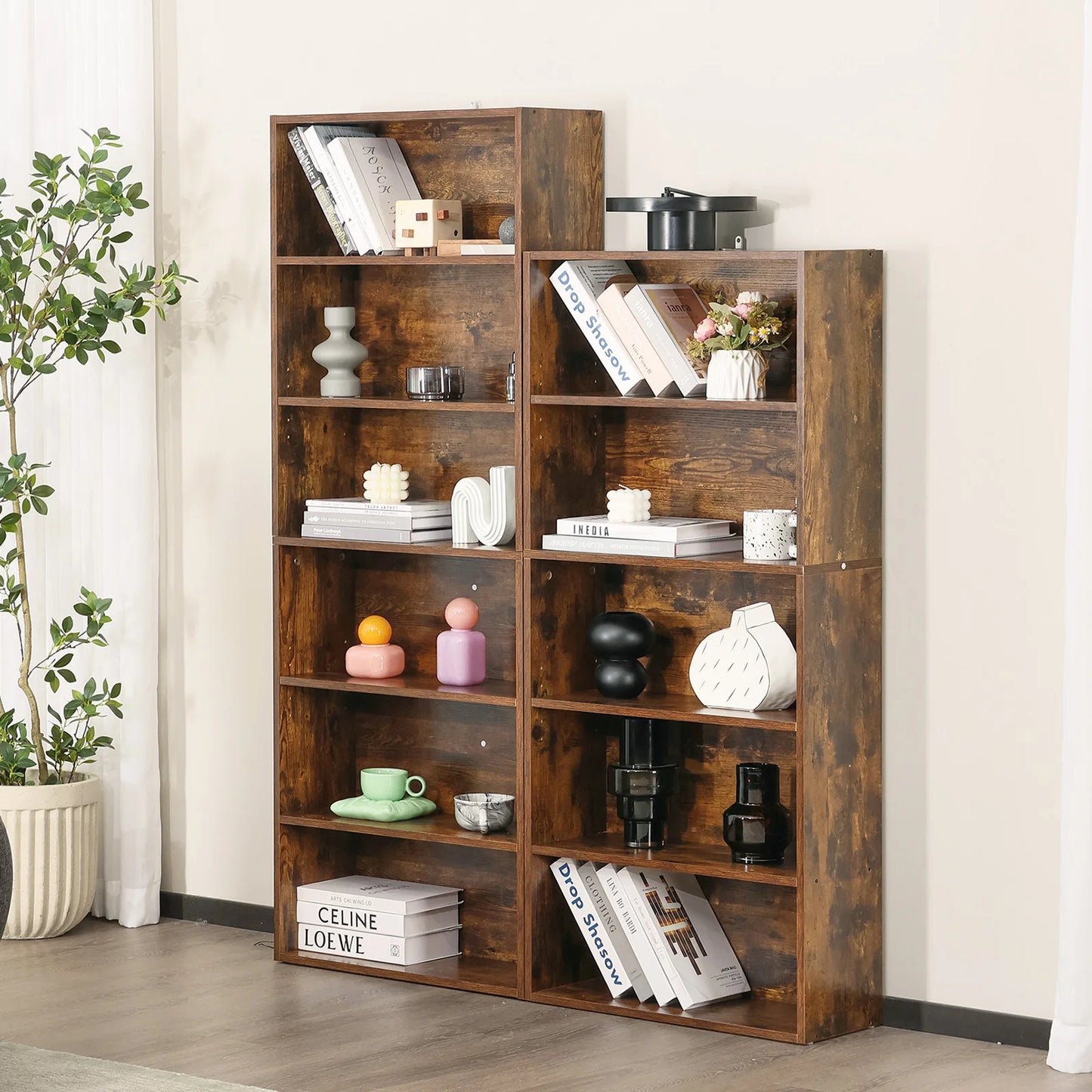 JHK Six Tier Wooden Shelf Bookcase For Living Room Office