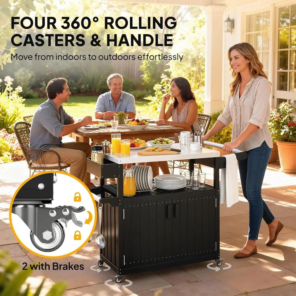 Outdoor Bar Cart With Storage Cabinet On Wheels Stainless Top