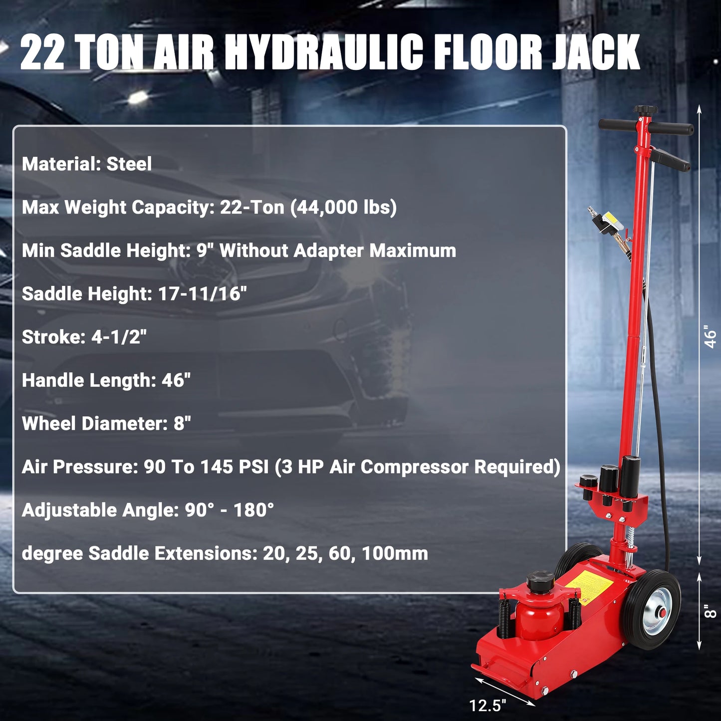 HiMISS 30 Ton Air Hydraulic Floor Jack With Dual Power Adapters