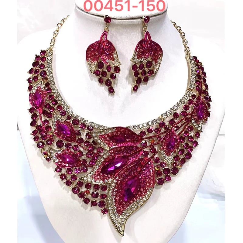 African Bridal Rhinestone Necklace And Earrings Set Wedding Jewelry