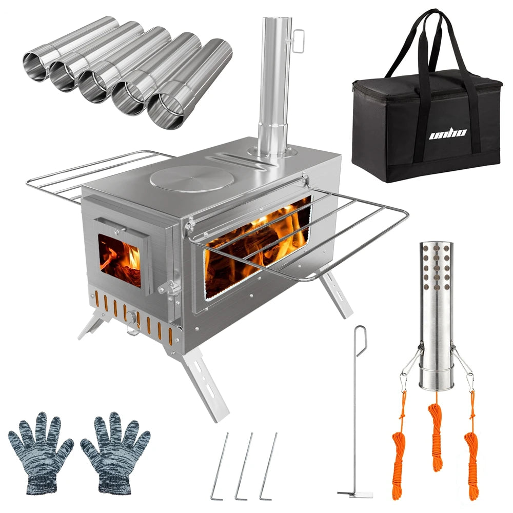 Portable Stainless Steel Wood Burning Stove With 7 Chimney Pipes