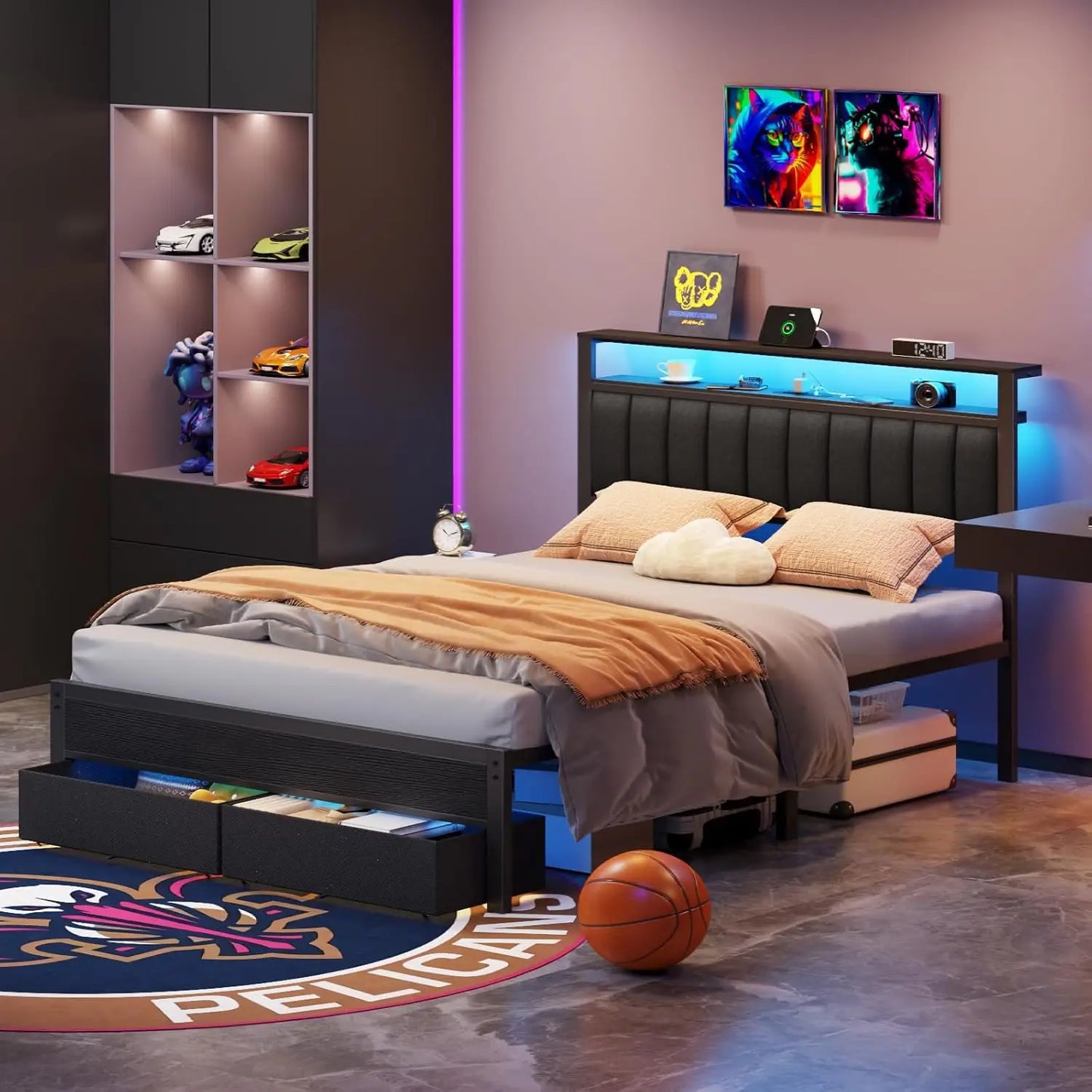 Bed Frame Charging Station And LED Lights, Upholstered Headboard Platform Bed