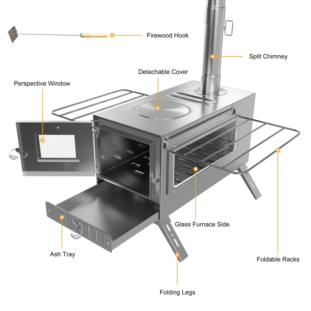 Portable Stainless Steel Wood Burning Stove With 7 Chimney Pipes