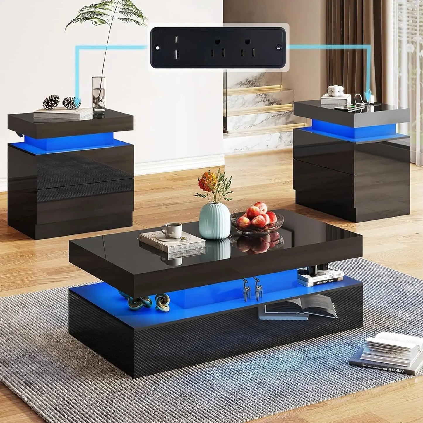 Modern High Gloss Living Room Table Set With Integrated LED