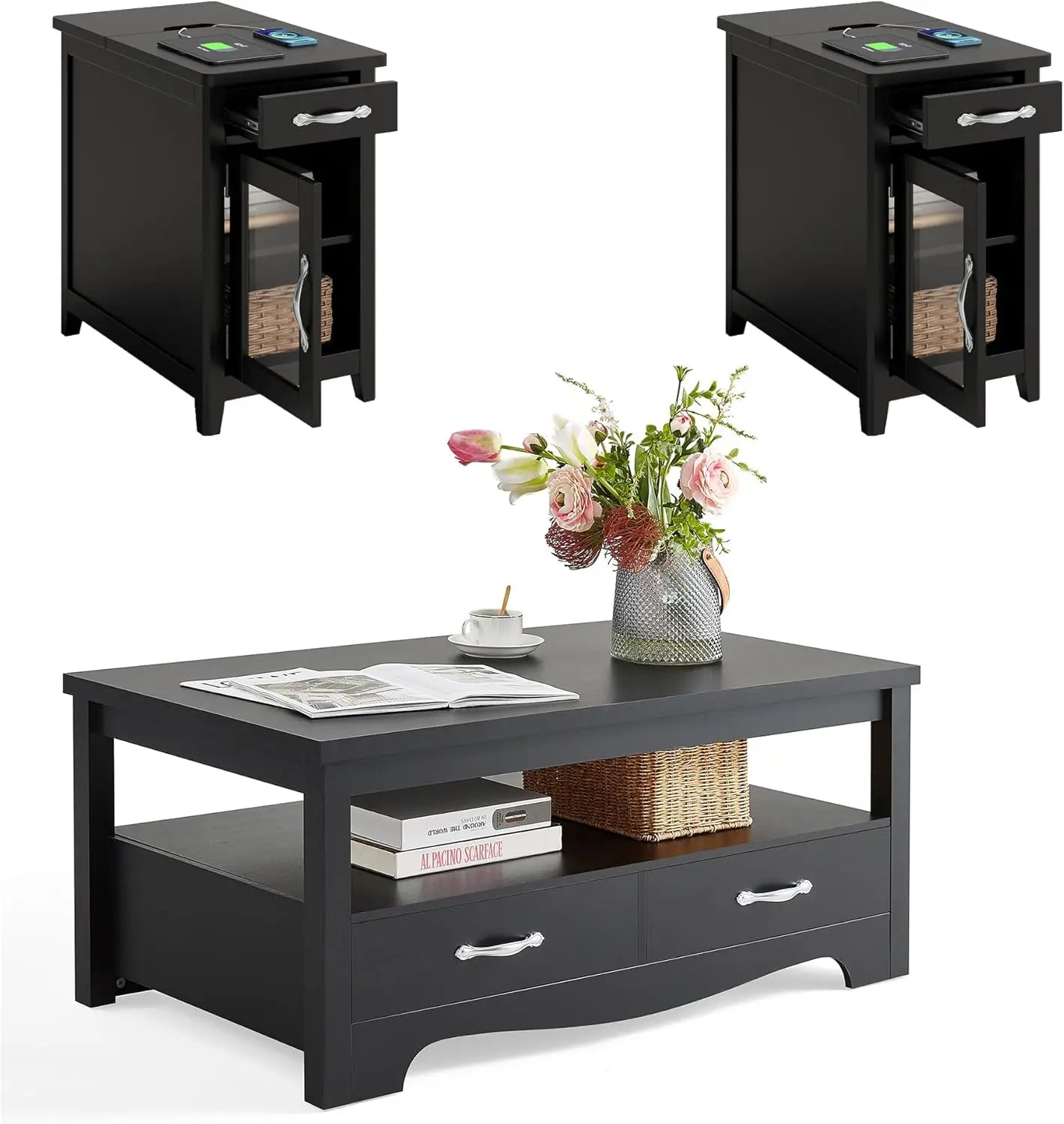 Farmhouse Coffee Table Set Wood Living Room 3 Piece