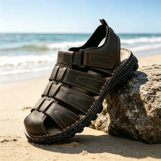 Admark Men's Toe-Cover Leather Sandals With Built-In Arch Support