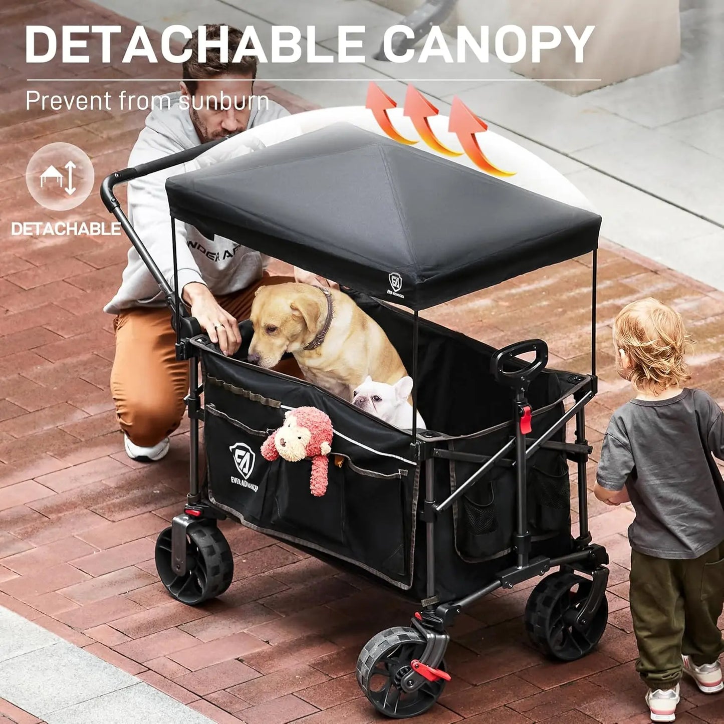 Portable Folding Push Wagon With Canopy And Brakes All Terrain Wheels