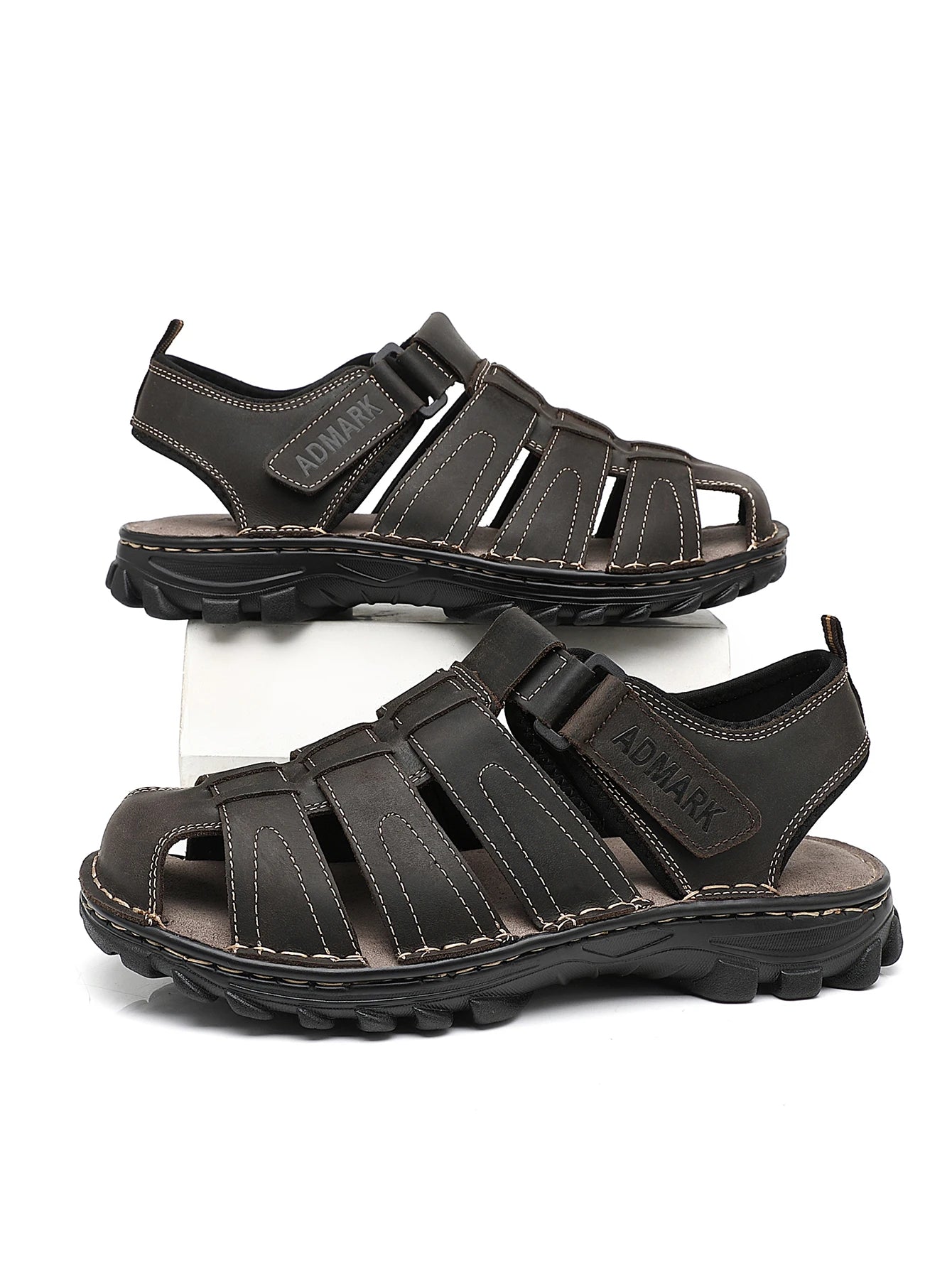 Admark Men's Toe-Cover Leather Sandals With Built-In Arch Support