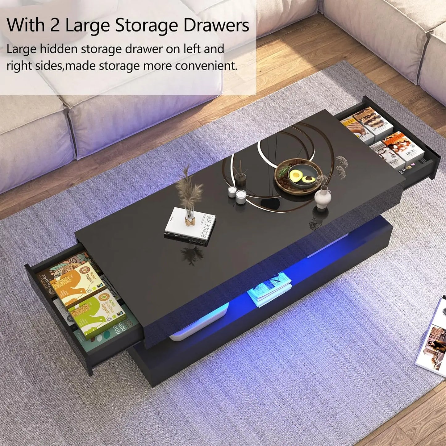 QiaoShiRen Modern LED Coffee Table With Two Storage Drawers