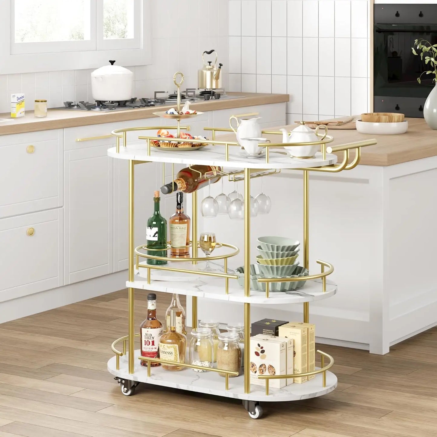 HobbyLane Gold Bar Cart With 4 Tier Storage On Wheels