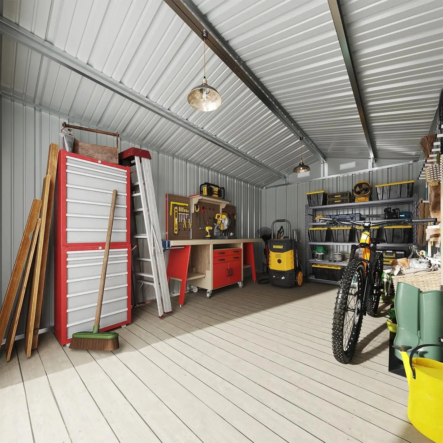 Outdoor Metal Storage Shed With Sloped Roof And Double Hinged Doors
