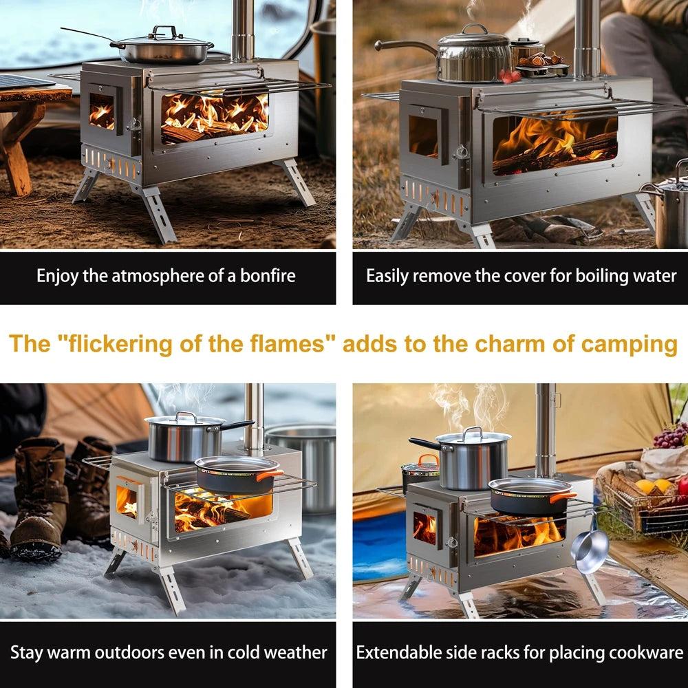 Portable Stainless Steel Wood Burning Stove With 7 Chimney Pipes
