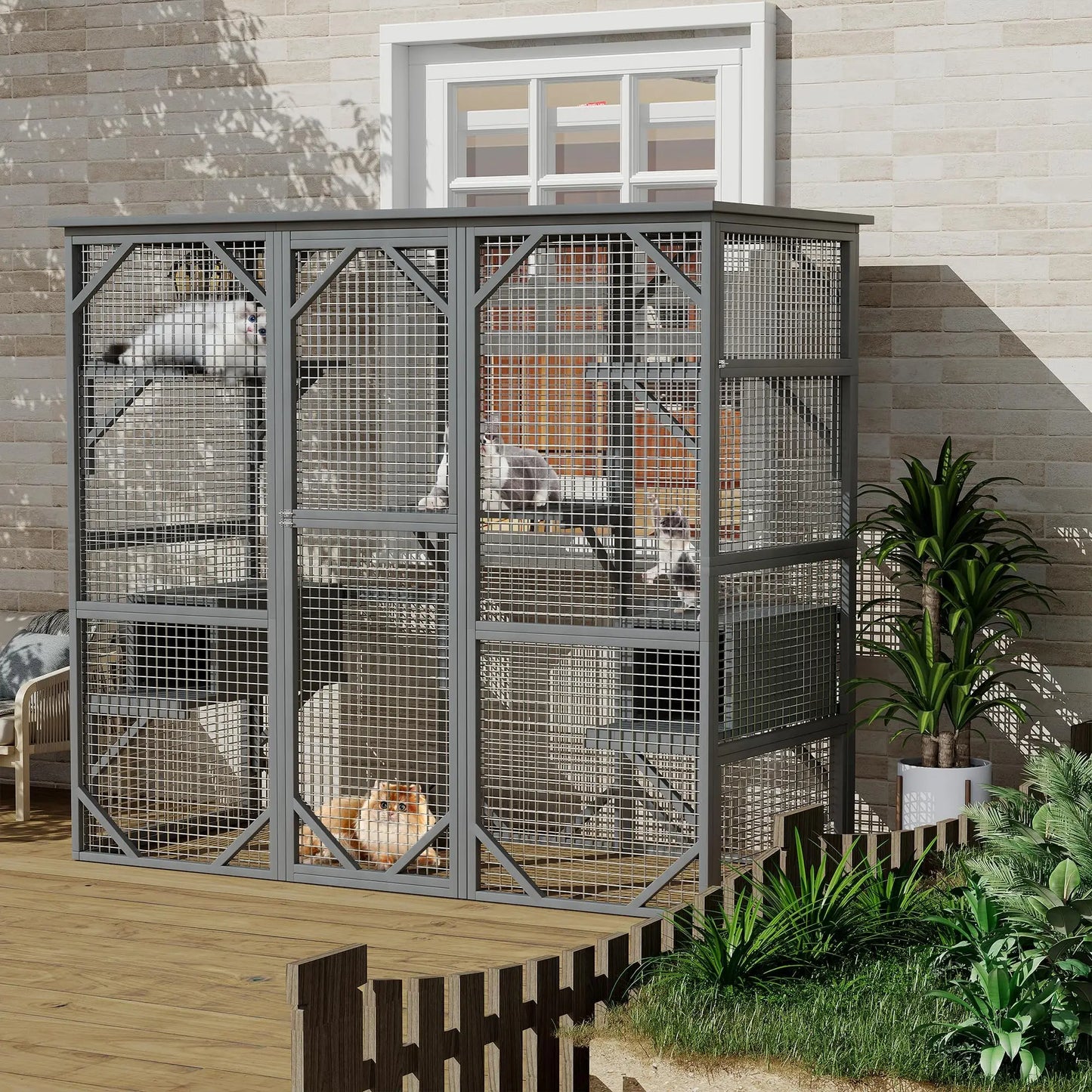 HiMISS Walk-In Catio Weather-Resistant Cedar Cat Enclosure With Locking Doors