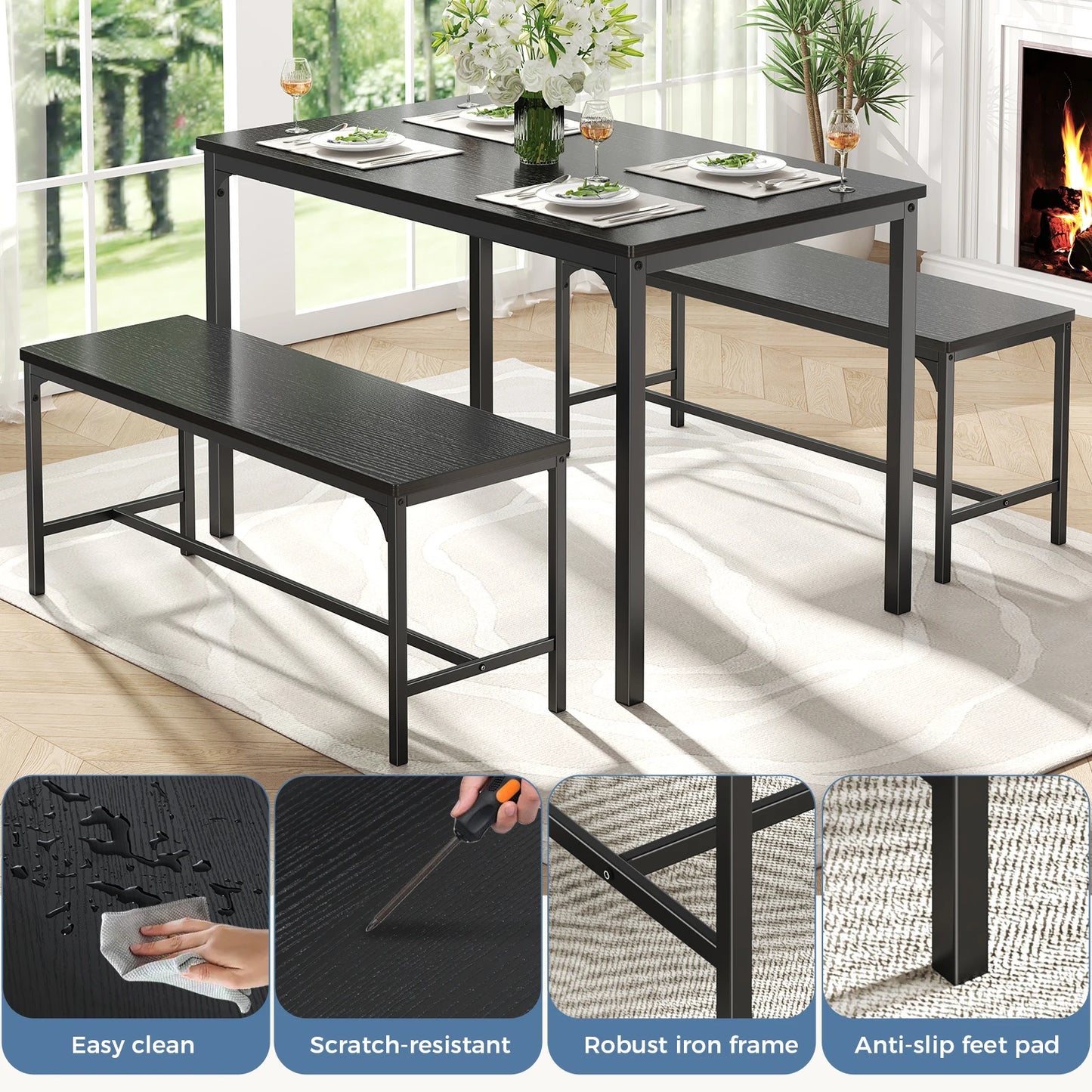 JHK 3-Piece Table And Chair Set With Metal Frame Furniture