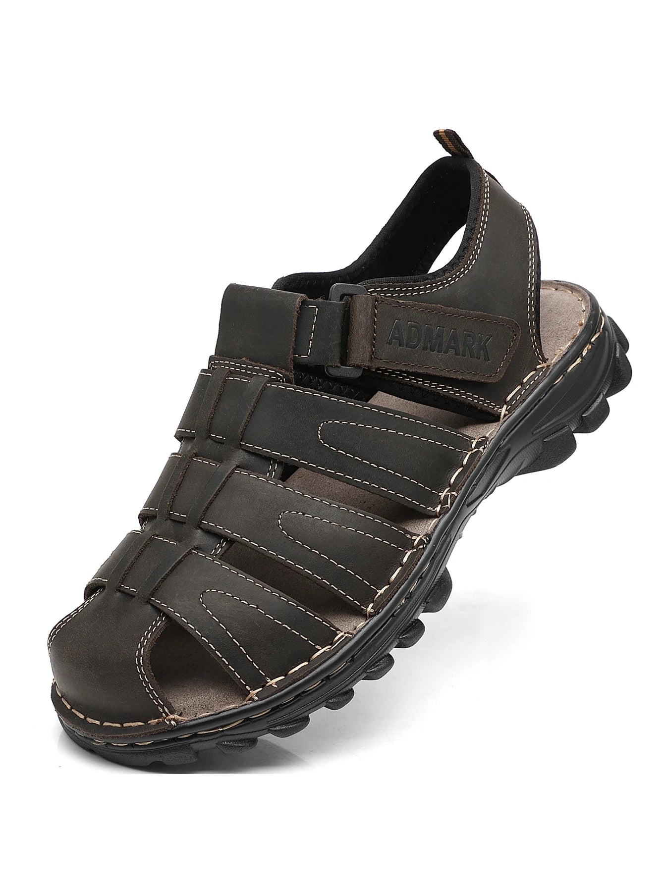 ADMARK Men's Closed Toe Full Grain Leather Fisherman Sandals With Arch Support