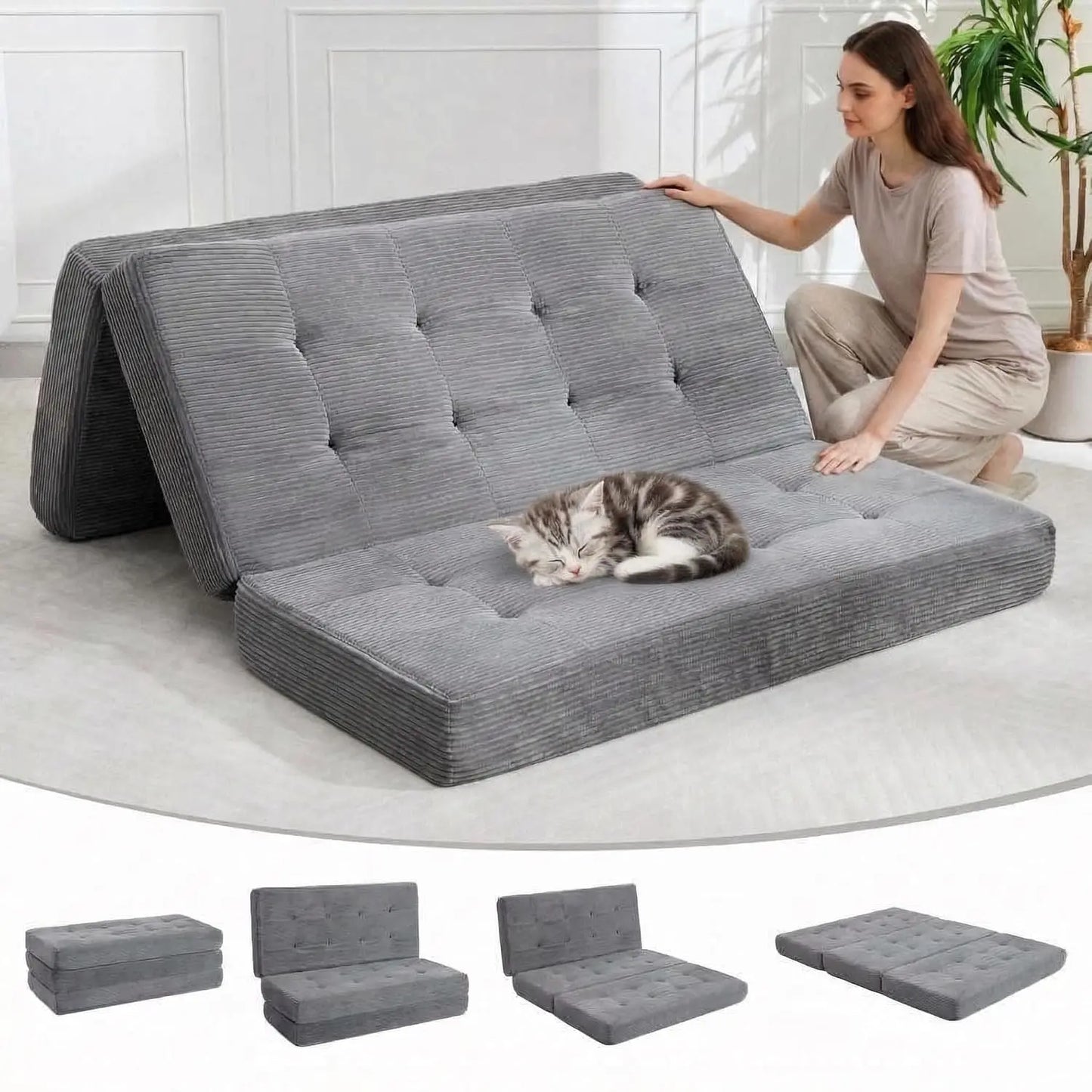 Convertible Sleeper Sofa 5-In-1 Folding Mattress Fixed Frame