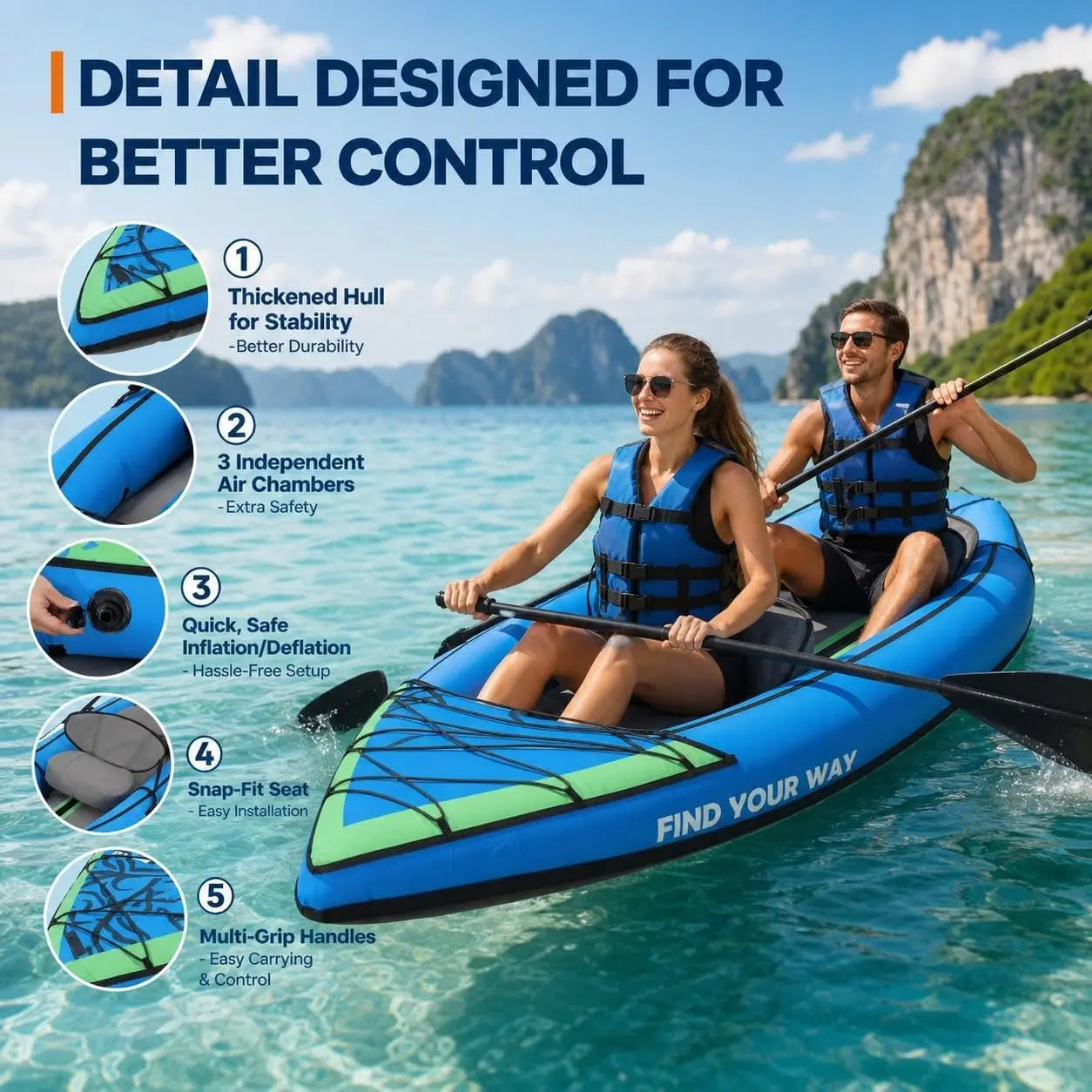 Heavy-Duty Inflatable Tandem Kayak With Adjustable Seats And Paddles