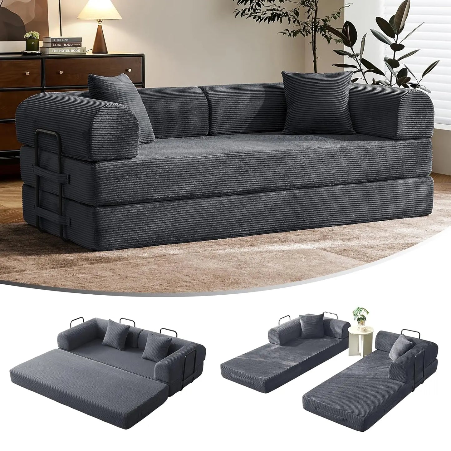 Corduroy Convertible Sofa Bed With Fixed Frame And Removable Armrests