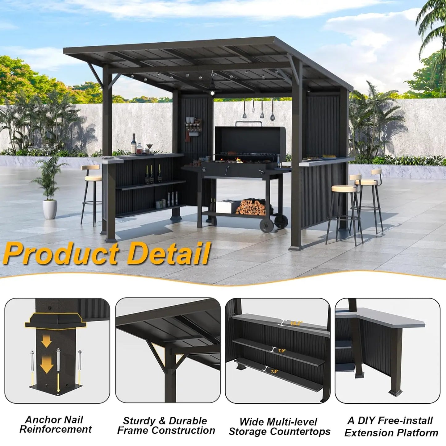 Grill Gazebo With Galvanized Steel Canopy Storage Shelves Privacy Screen