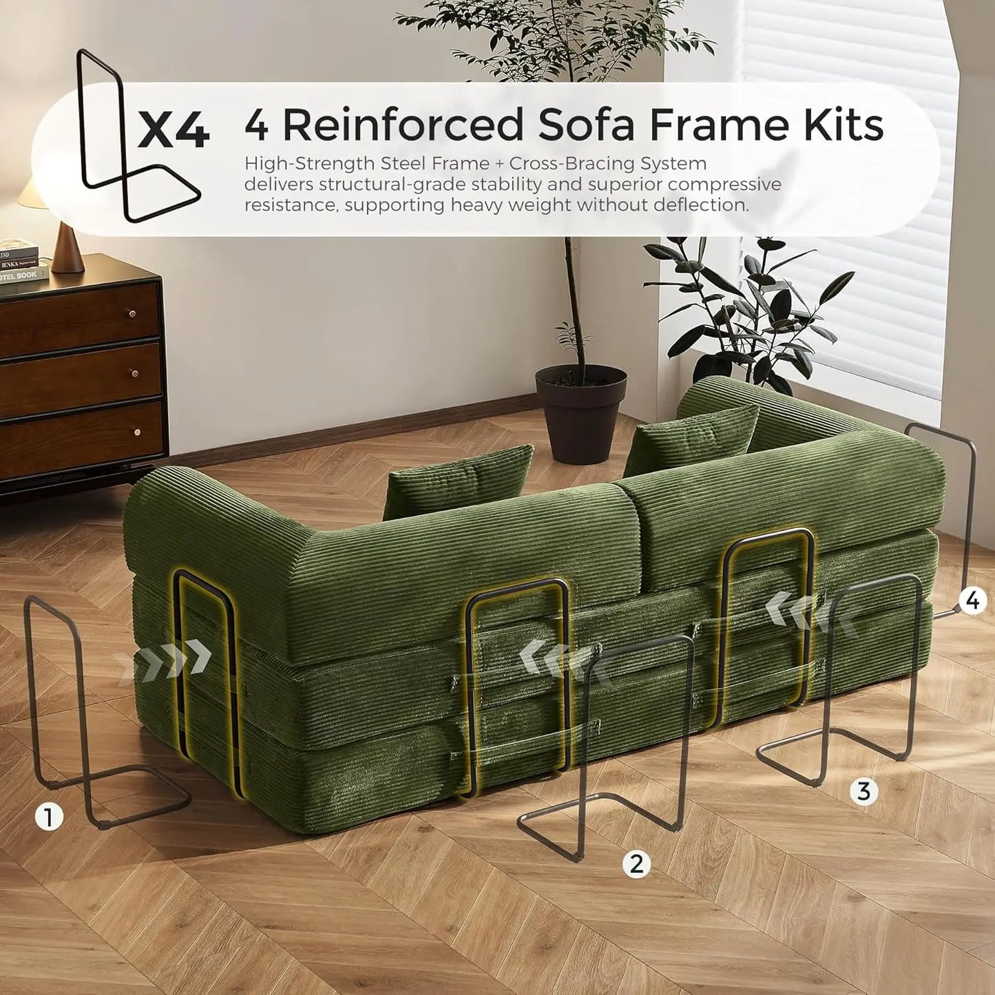 Corduroy Convertible Sofa Bed With Fixed Frame And Removable Armrests