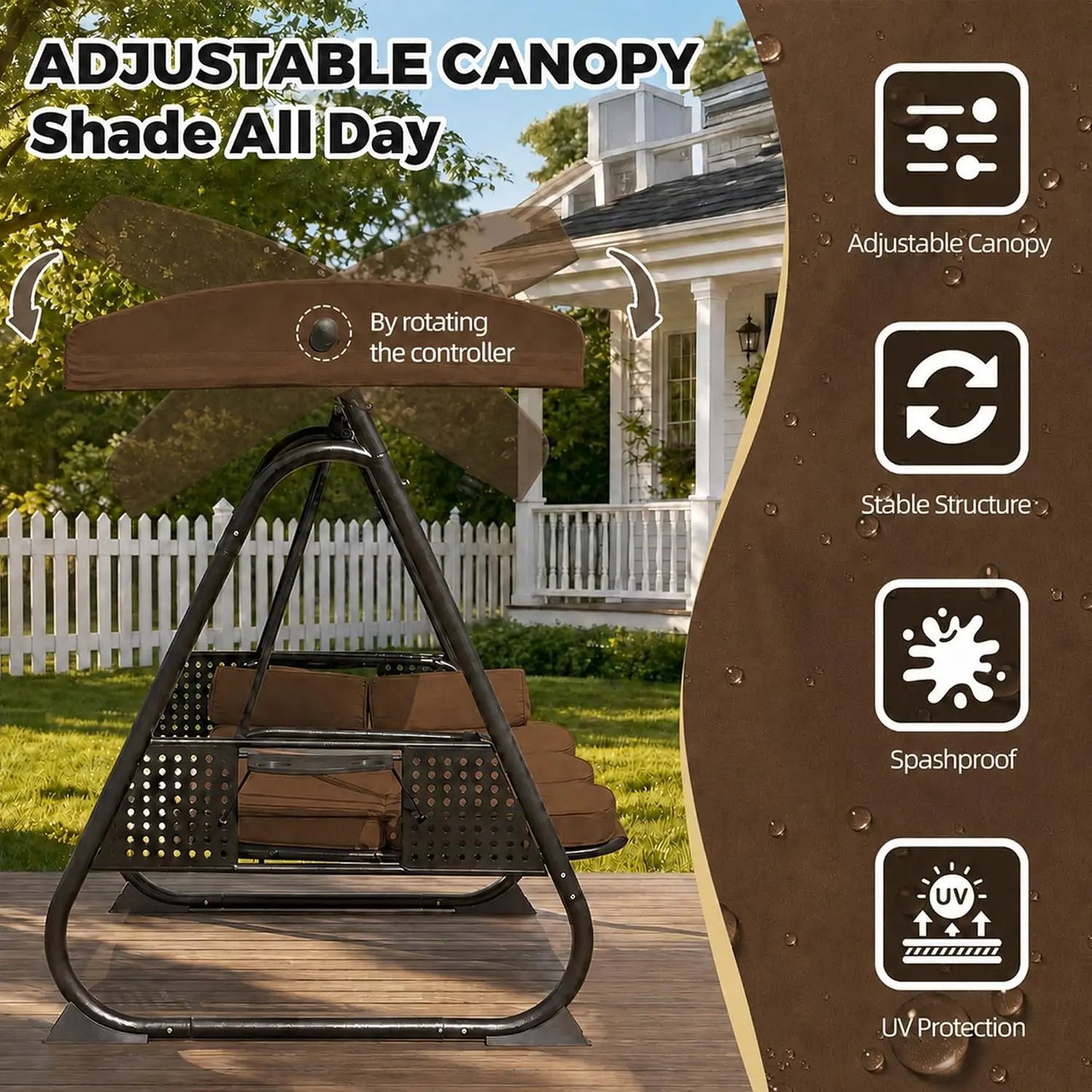 Outdoor Metal Patio Swing Chair With Canopy And Side Trays