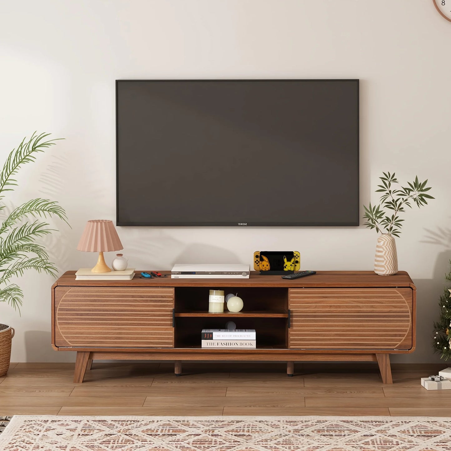 Mid Century Modern TV Stand With Fluted Sliding Door