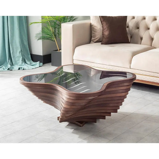 Contemporary Wave Coffee Table With Natural Walnut Veneer And Glass