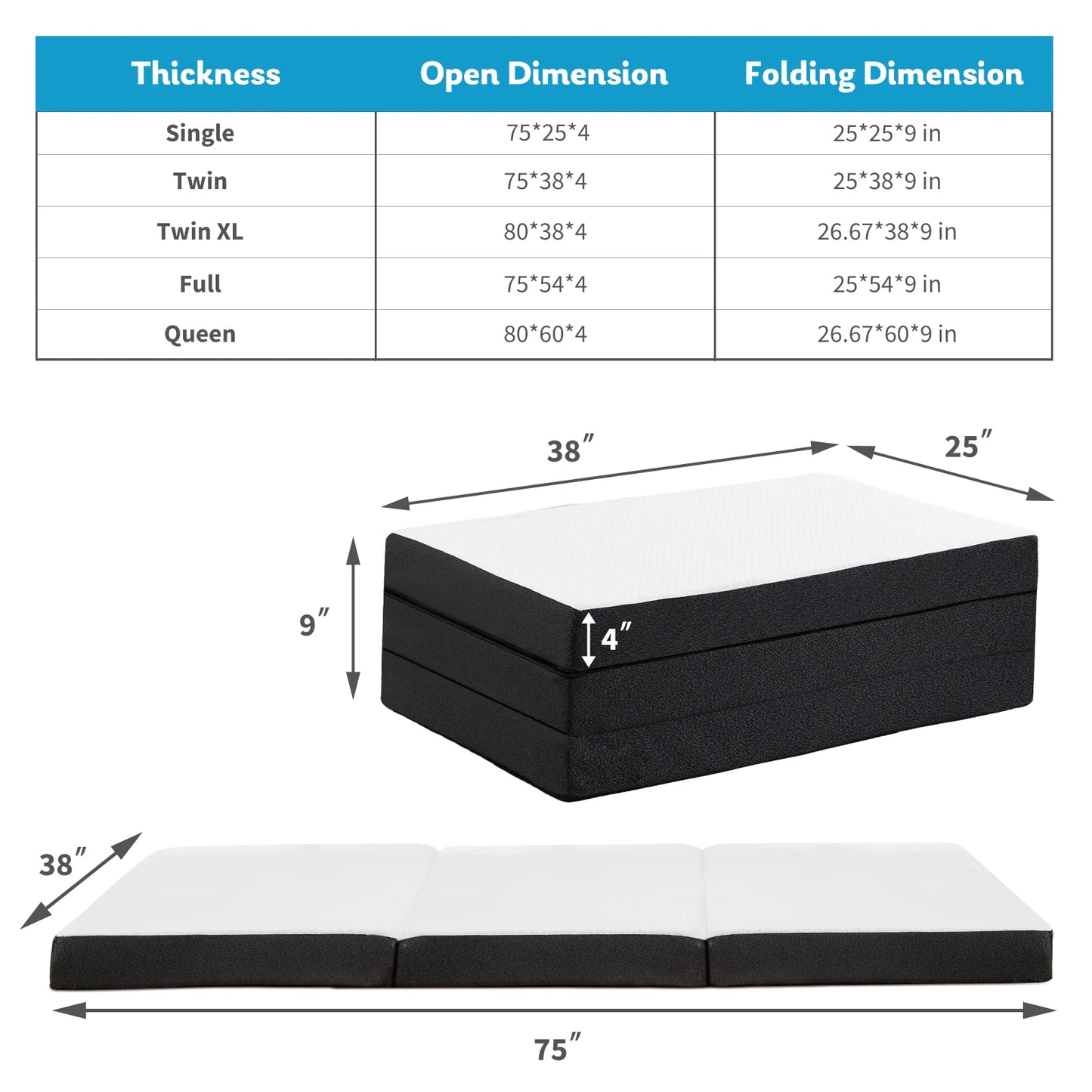 JHK Tri Fold Memory Foam Mattress With Washable Cover Travel