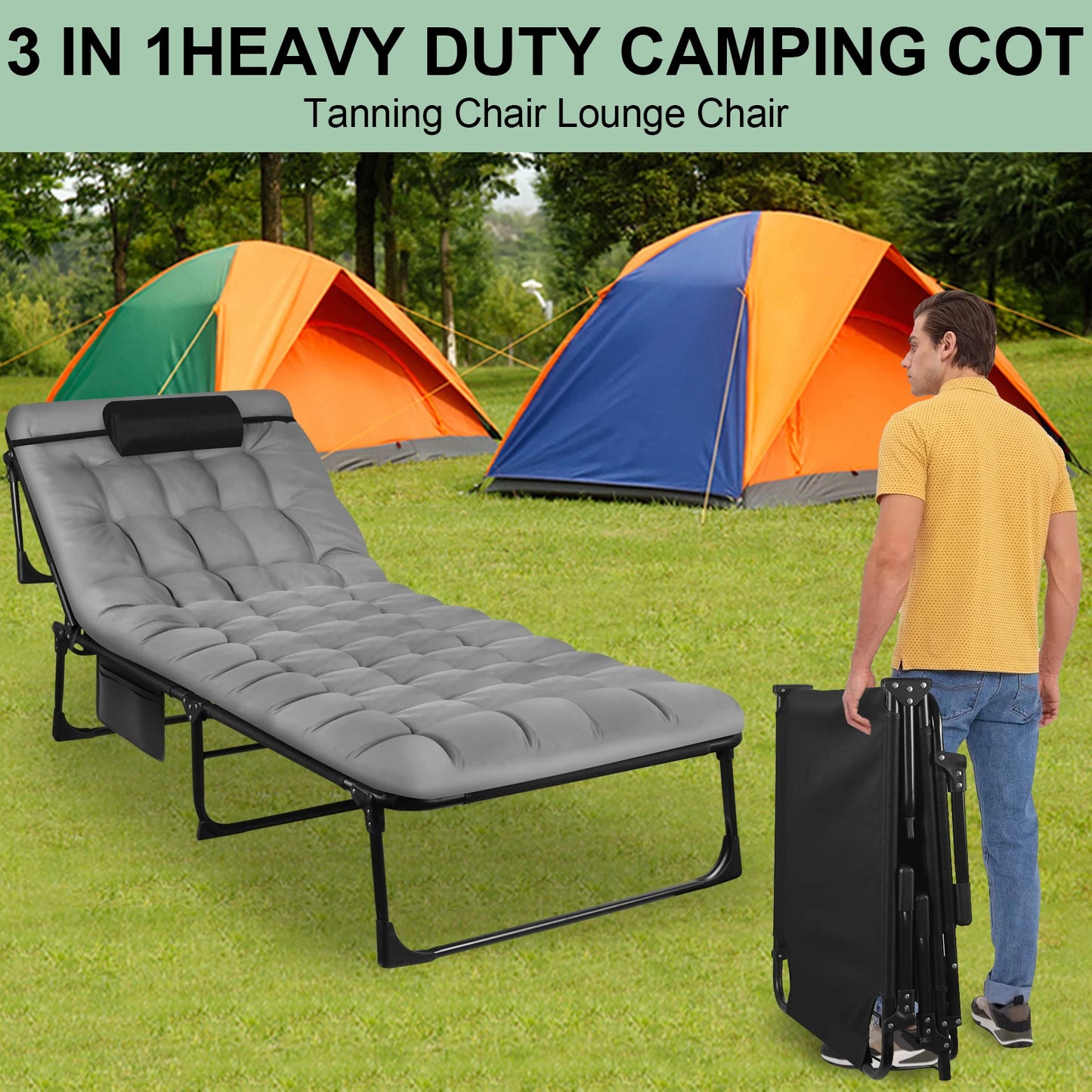 Lit de camp pliant portable 3 positions avec oreiller