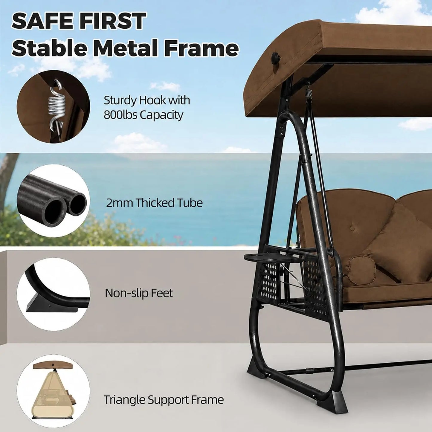 Outdoor Metal Patio Swing Chair With Canopy And Side Trays